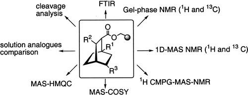 spider diagram of the combined application of a diverse range of analytical techniques is described for the complete analysis of polymer supported molecules. These techniques permit complete description of the FTIR, 1H NMR, and 13C NMR spectra.