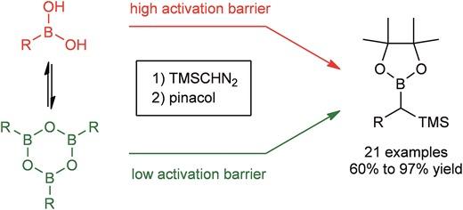 By means of computational and experimental mechanistic studies the fundamental role of boroxines in the reaction between diazo compounds and boronic acids was elucidated