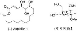 A short and efficient synthesis of the polyhydroxylated macrolactone (+)-aspicilin 1 using a stereoselective lithium perchlorate mediated addition of allyltributyltin to the equatorially disposed carboxaldehyde of 3 (derived from (R&lsquo;,R&lsquo;,R,S) butane diacetal protected butane tetrol 2)