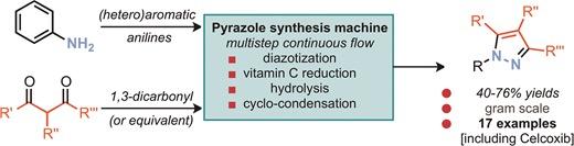 A versatile multistep continuous flow setup is reported for the four-step conversion of anilines into pyrazole products.