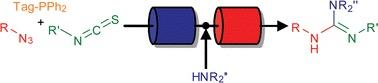 Schematic of molecules passing through a modular flow reactor