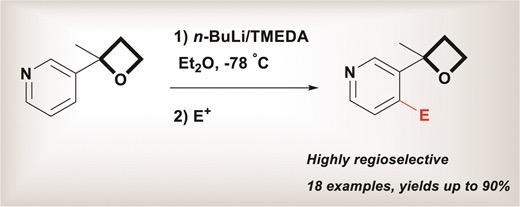 The first regioselective ortho-lithiation at the 4-position of simple pyridine derivatives containing a 3-oxetane unit has been achieved using n-butyllithium as base