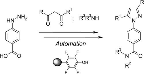 Schematic of The polymer-assisted solution-phase (PASP) synthesis of a 192-member 2-D array of 1,5-biaryl pyrazoles 4{1&minus;12,1&minus;16}