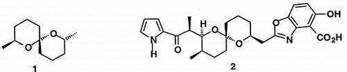 schematic structures of insect pheromone 1 and the antibiotic routiennocin 2.
