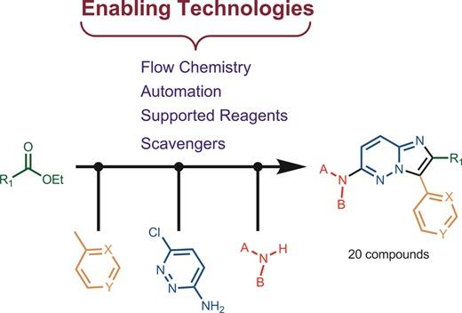 How a combination of enabling technologies such as flow synthesis, solid-supported reagents and scavenging resins are utilised under fully automated software control to assist in typical medicinal chemistry programmes