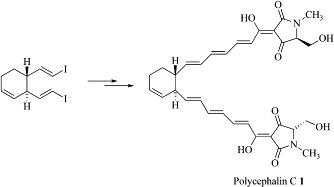 Schematic of the total synthesis of the polyenoyltetramic acid polycephalin C