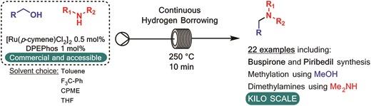 A continuous flow method for the direct conversion of alcohols to amines via a hydrogen borrowing